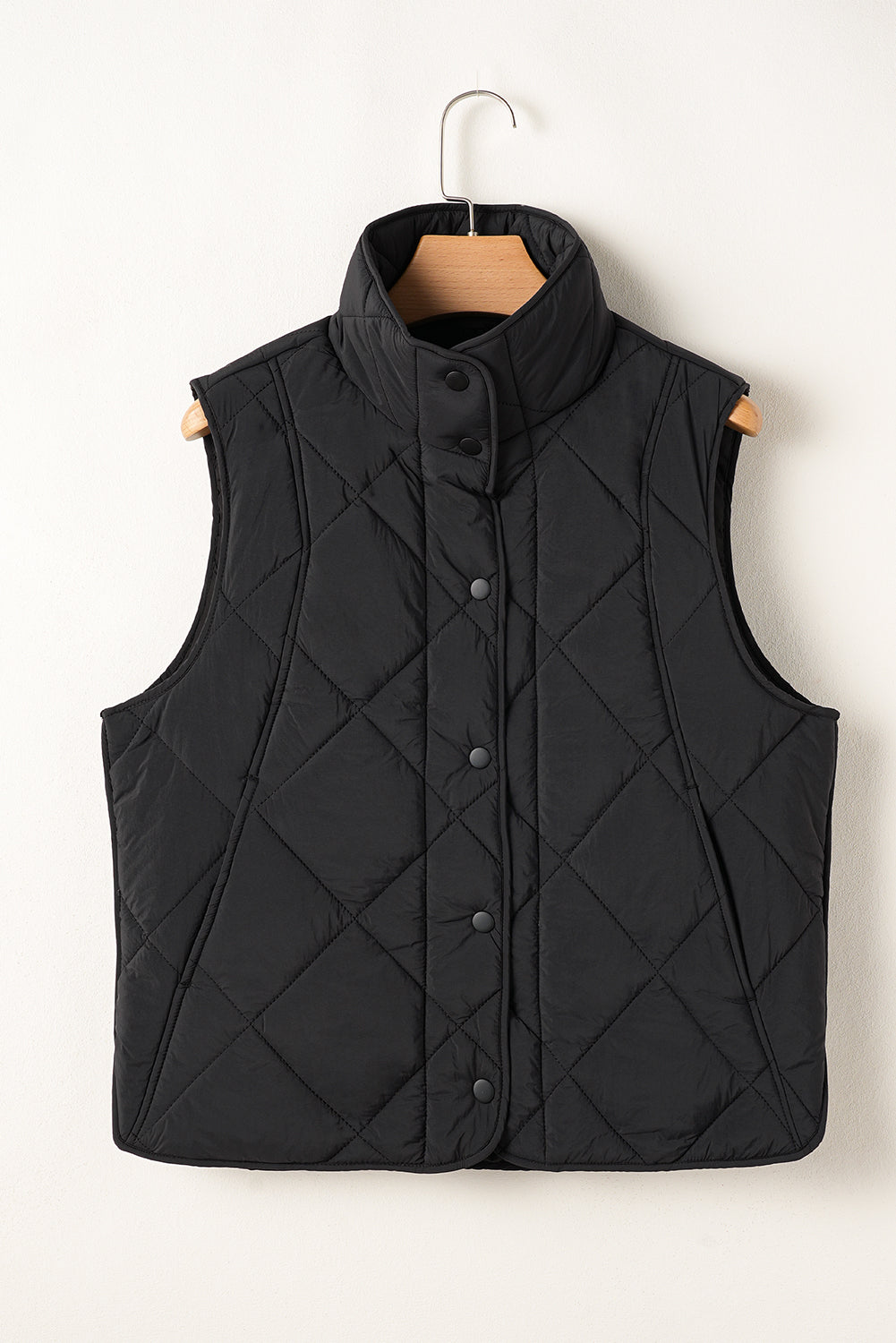 Solid Color Quilted High Neck Button Up Pocket Vest Coat