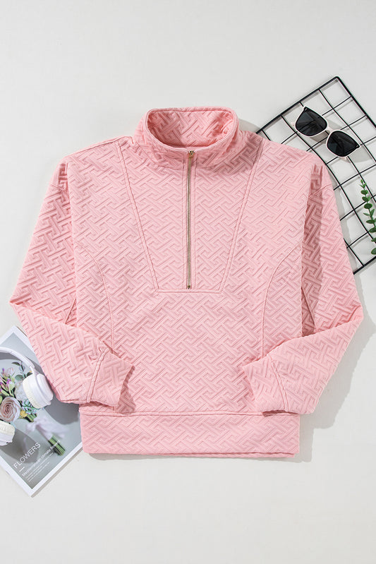 Solid Textured Half Zipper Collared Sweatshirt