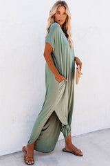 V Neck Hidden Pocket Splits Maxi T-shirt Dress