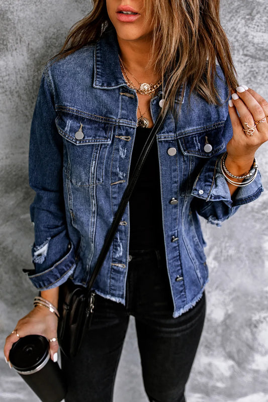 Lapel Distressed Raw Hem Buttons Denim Jacket