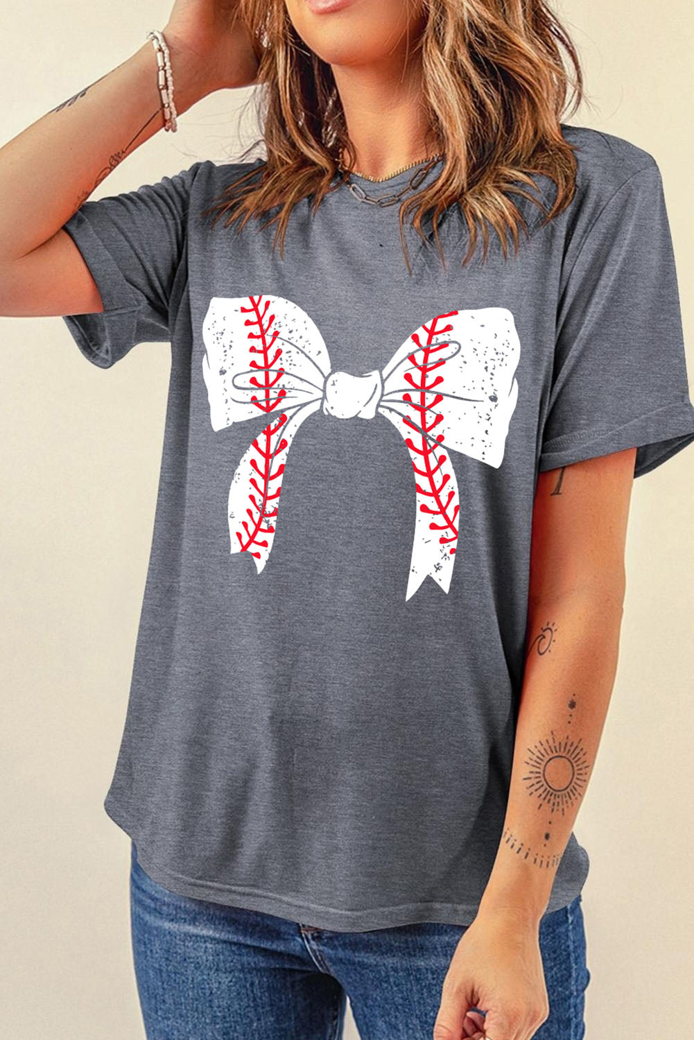 Multicolor Baseball Bowknot Graphic Casual Tee