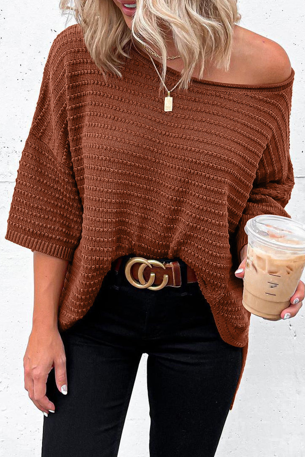 Brown Textured Knit Drop Shoulder Tee