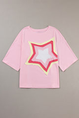 Moonlight Jade Colorblock Star Patched Half Sleeve Oversized Tee