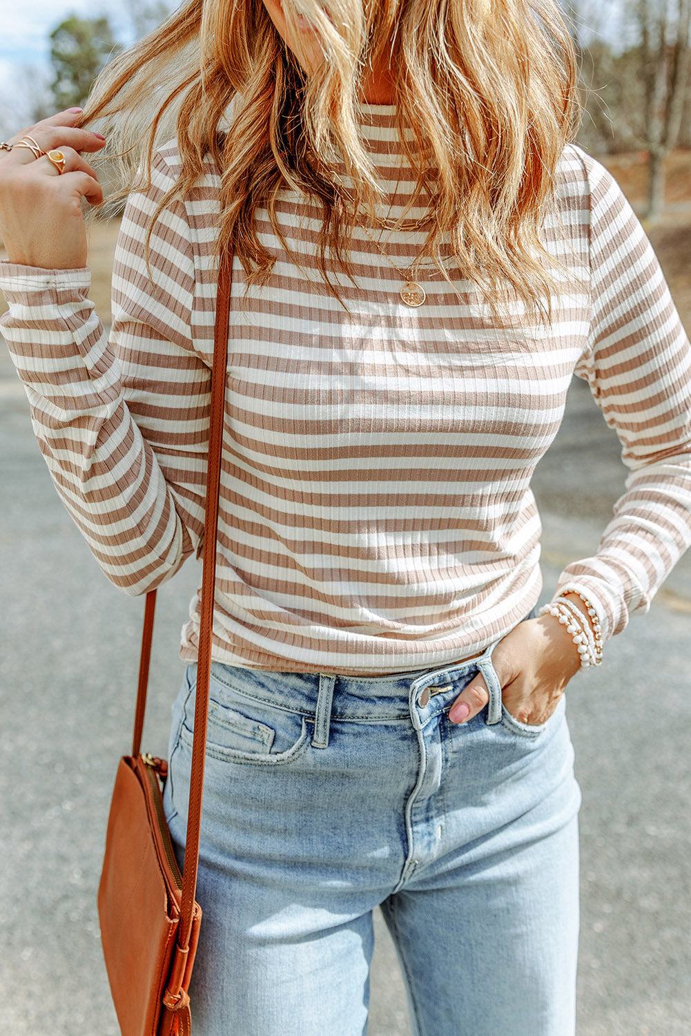 Striped Print Textured Knit Long Sleeve Tee