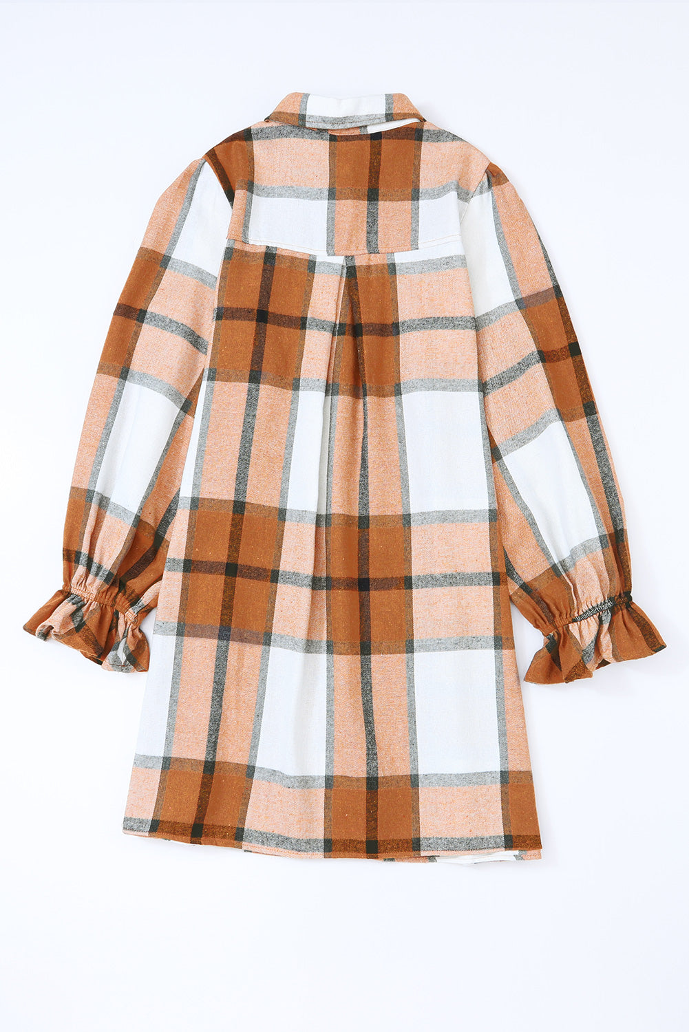 Plaid Pattern Collared Neck Ruffled Sleeve Shirt Dress