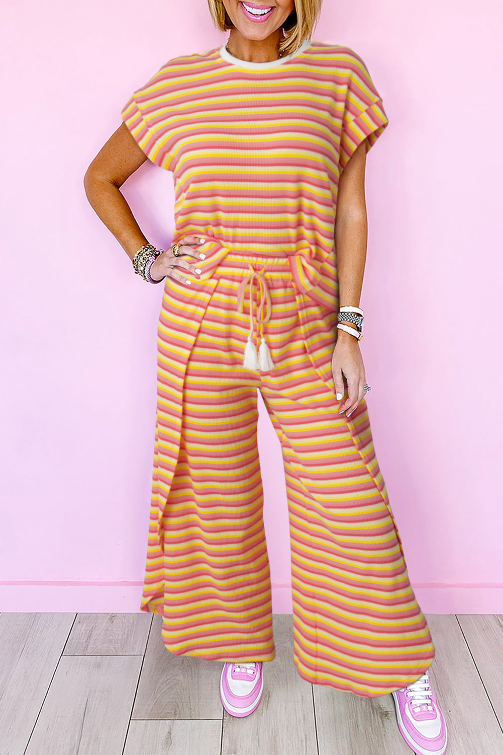 Rainbow Tee Tasseled String Wide Leg Pants Set