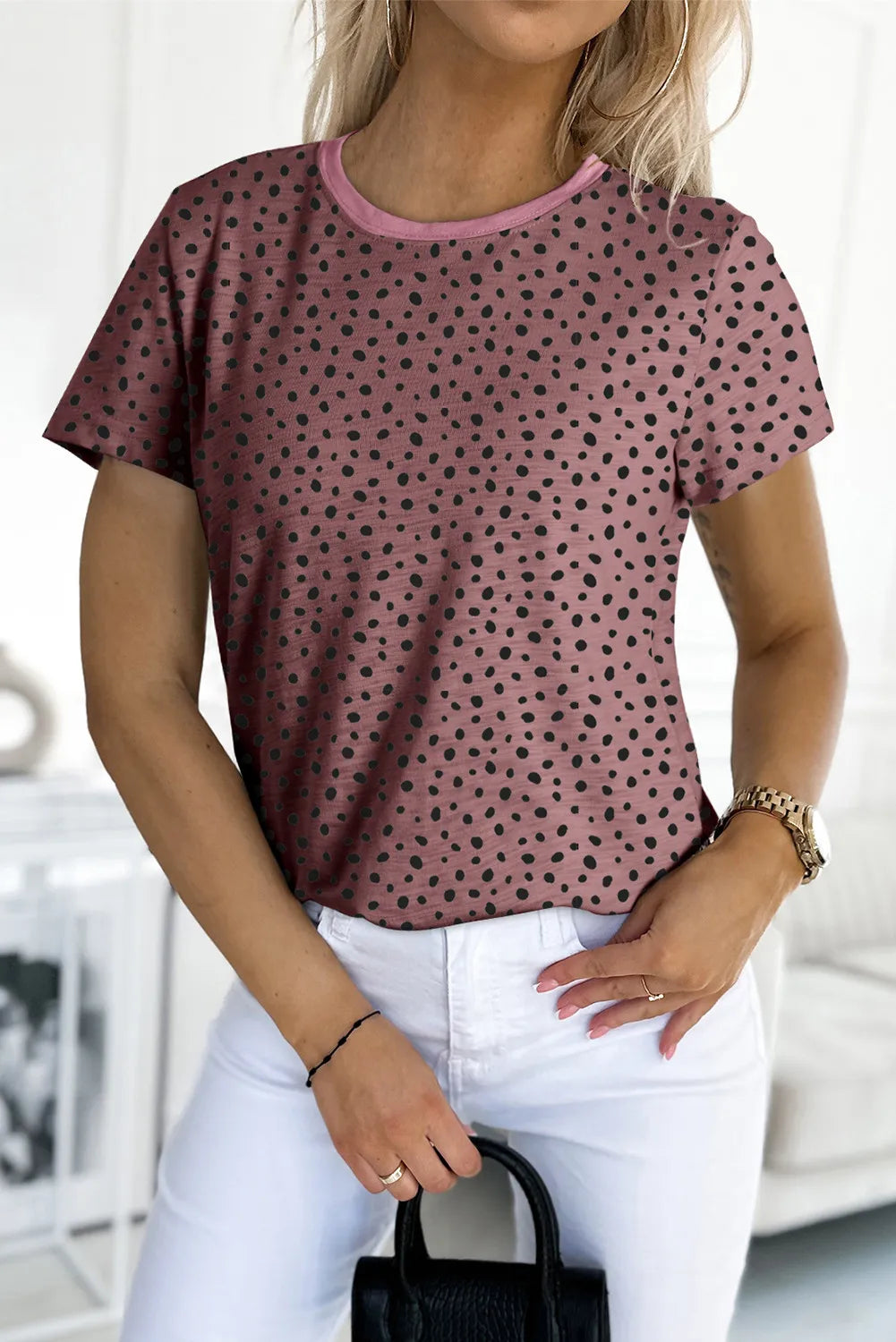 Spotted Print Round Neck Long Sleeve Top