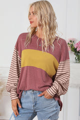 Red Colorblock Striped Bishop Sleeve Top