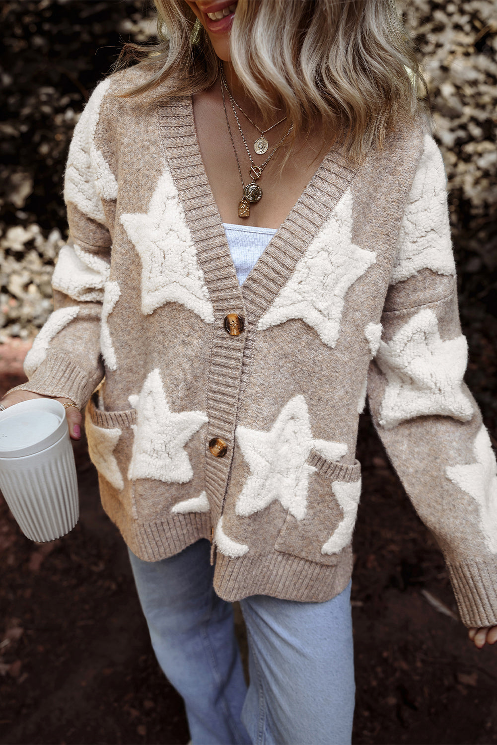 Star Pattern Textured Sweater Cardigan with Pockets