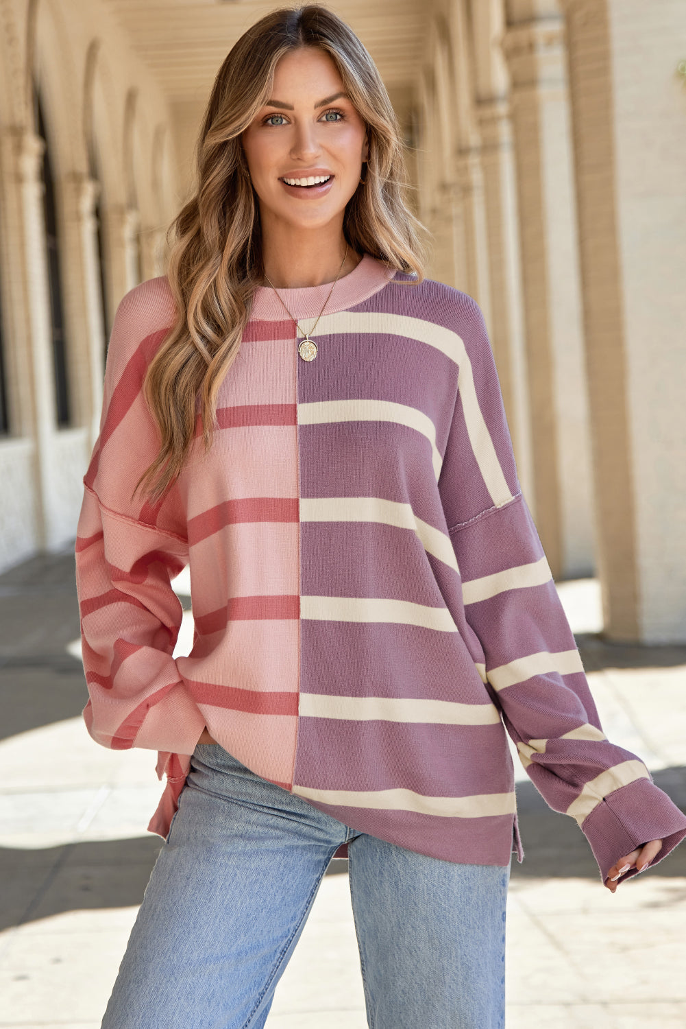 Light French Beige Colorblock Oversized Sweater