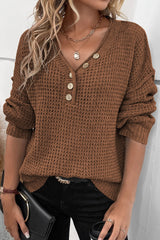 Khaki Pointelle Knit Button V Neck Drop Shoulder Sweater