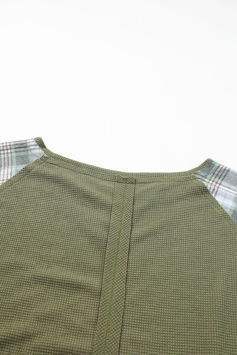 Green Plaid Patch Waffle Knit Exposed Seam Bubble Sleeve Top