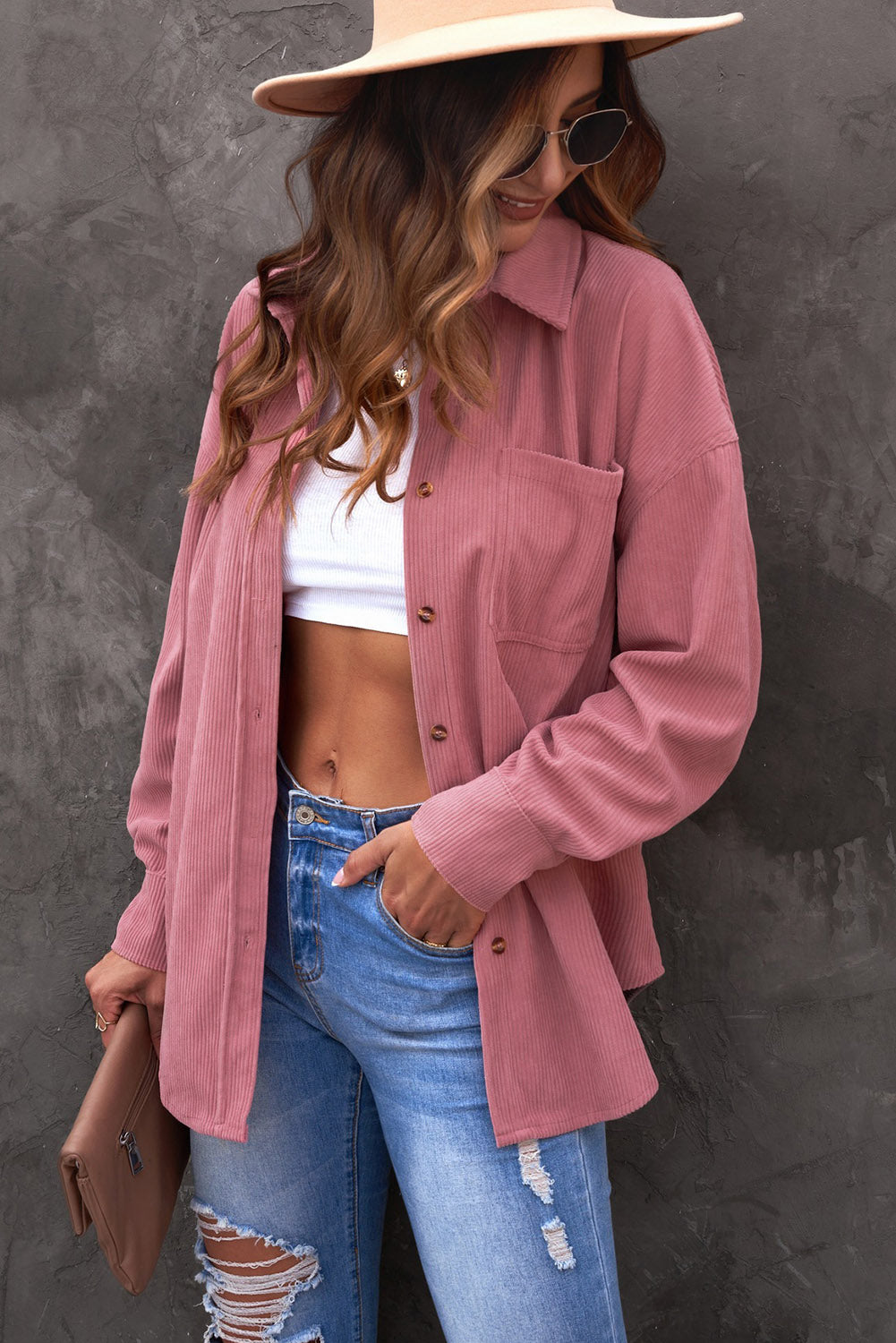 Pink Corduroy Button Pocket Shirt