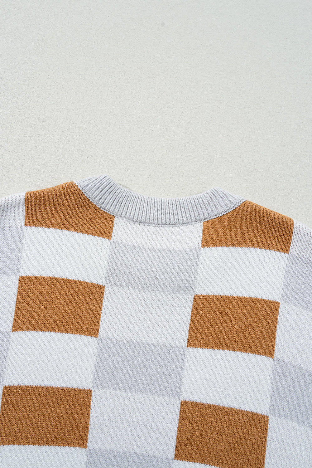 Checkered Ribbed Edge O Neck Drop Shoulder Sweater