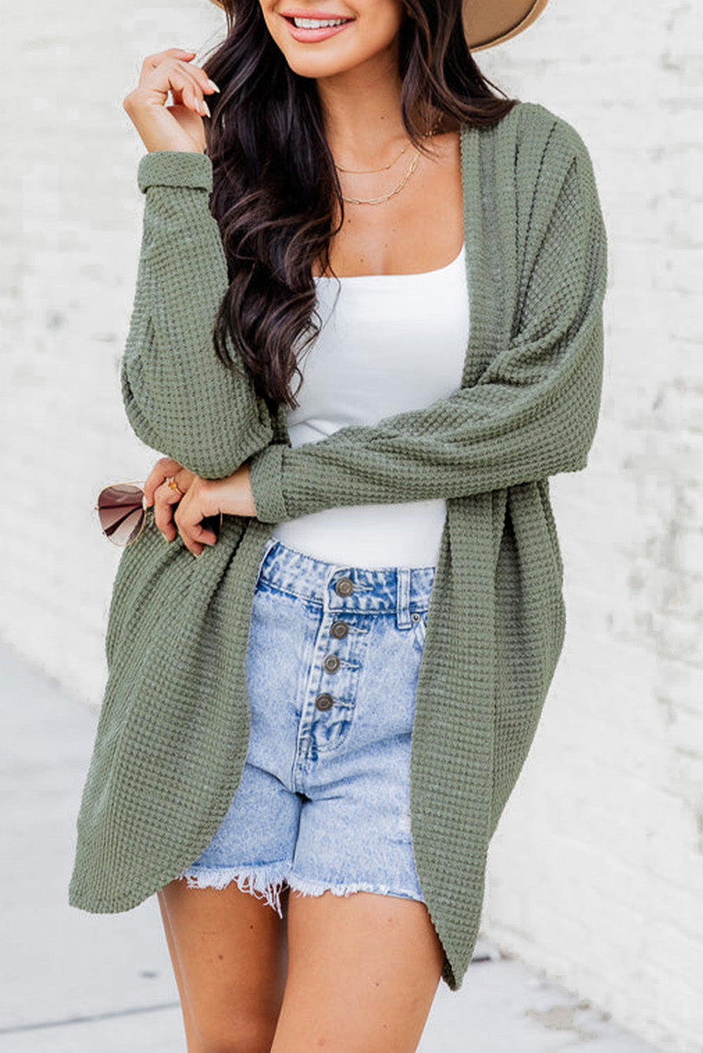 Laurel Green Waffle Knit Open Front Cardigan