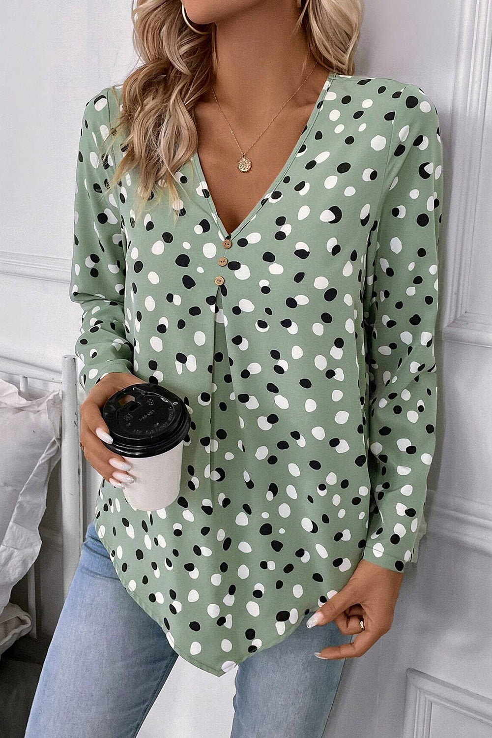 Polka Dot Print Button Front V Neck Blouse