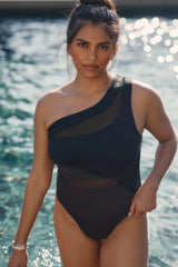 Black Mesh Insert One Shoulder High Waist Teddy Swimsuit