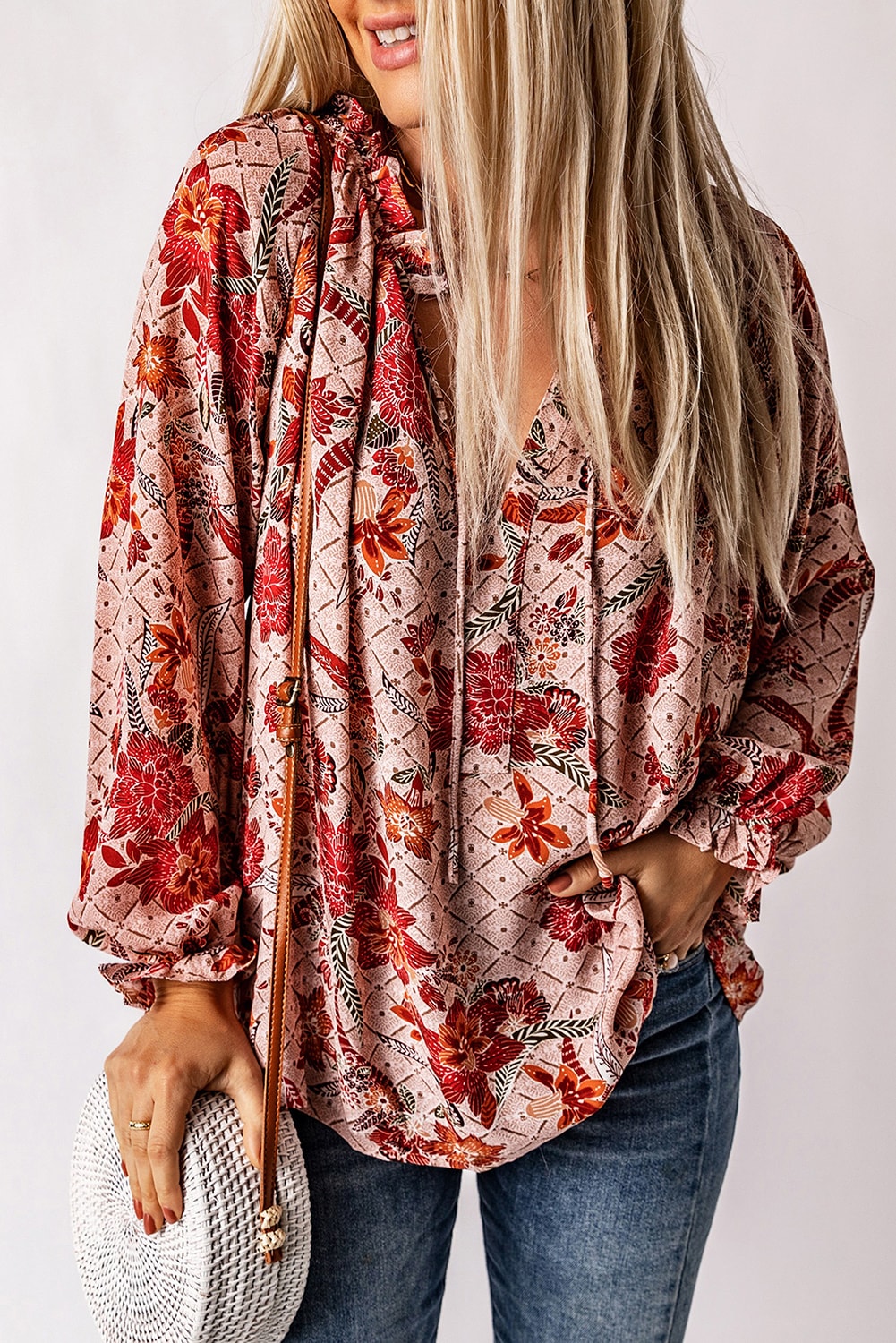 Pink Split V Neck Printed Blouse