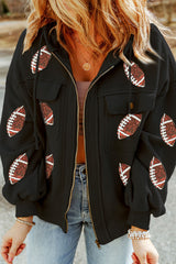 Sequined Rugby Pattern Pocketed Zipper Hooded Jacket