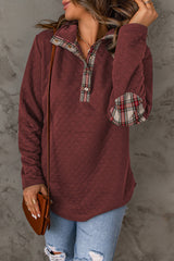 Red Geometric Texture Plaid Trim Sweatshirt