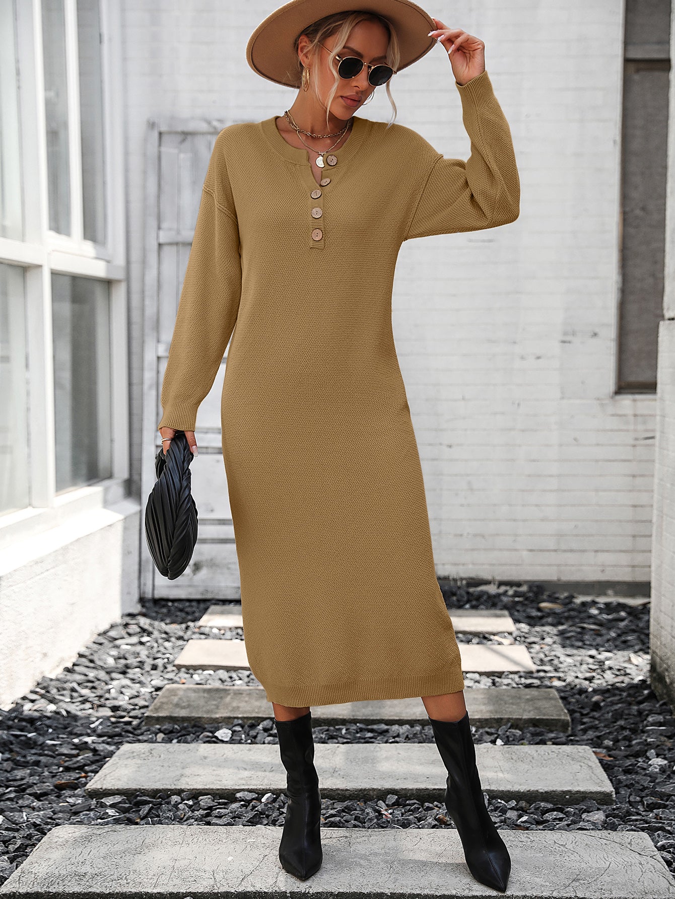 Women's Sweater Button Sweater Dress Fashionable Sweater Dress