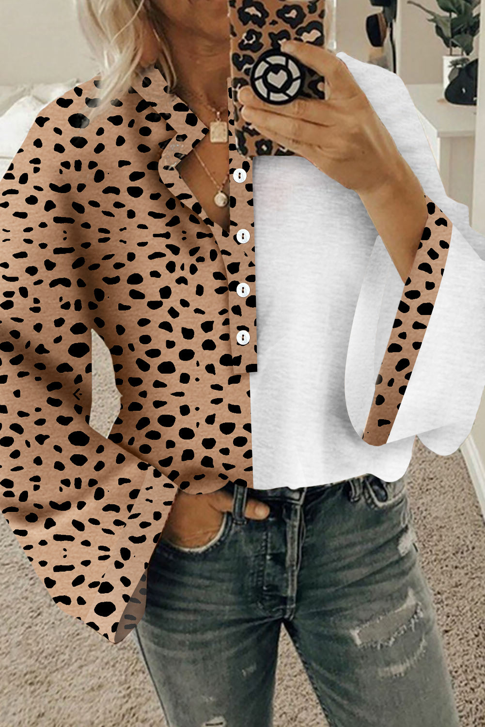 Khaki Leopard Contrast Half Button Casual Blouse