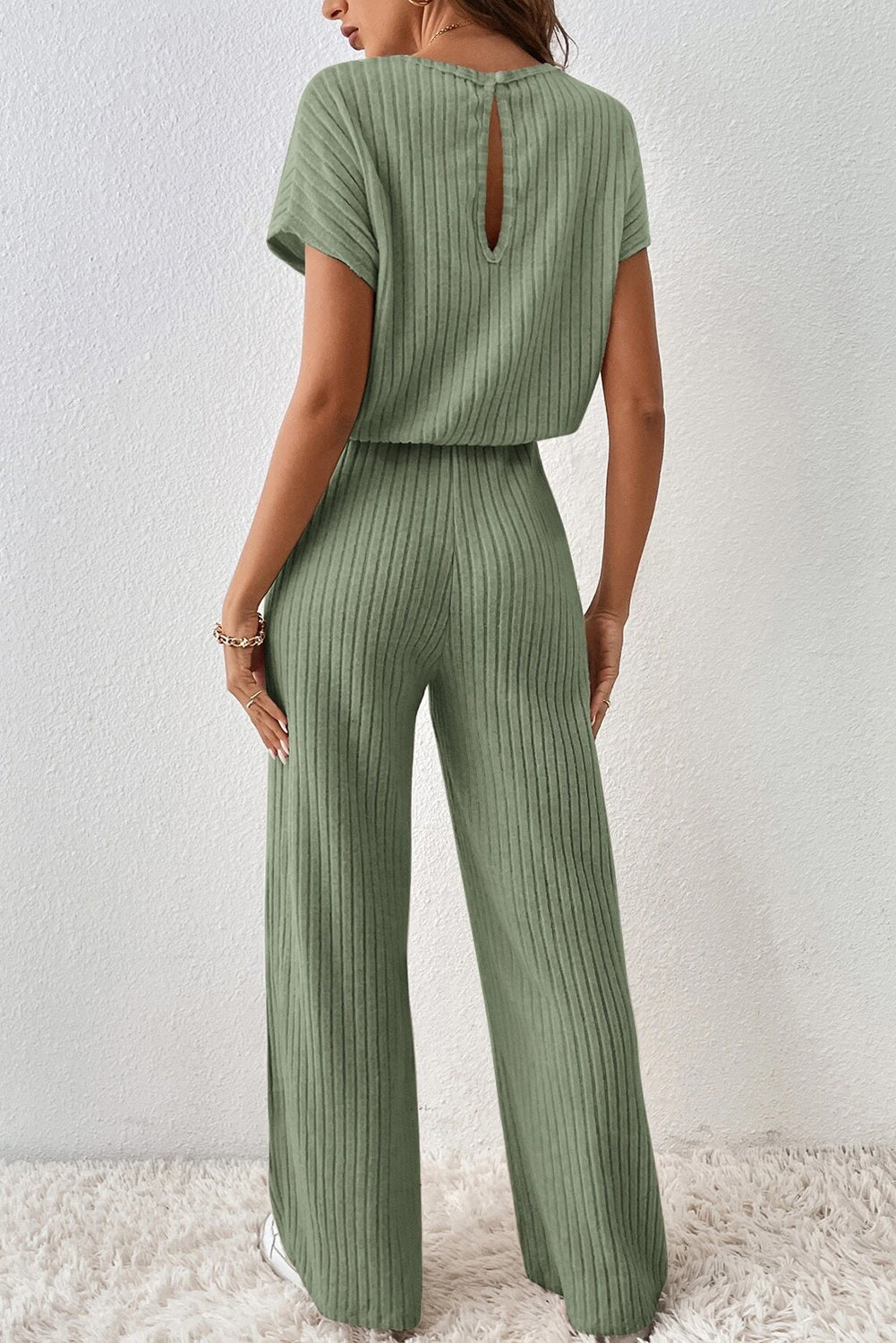 Solid Color Ribbed Short Sleeve Wide Leg Jumpsuit