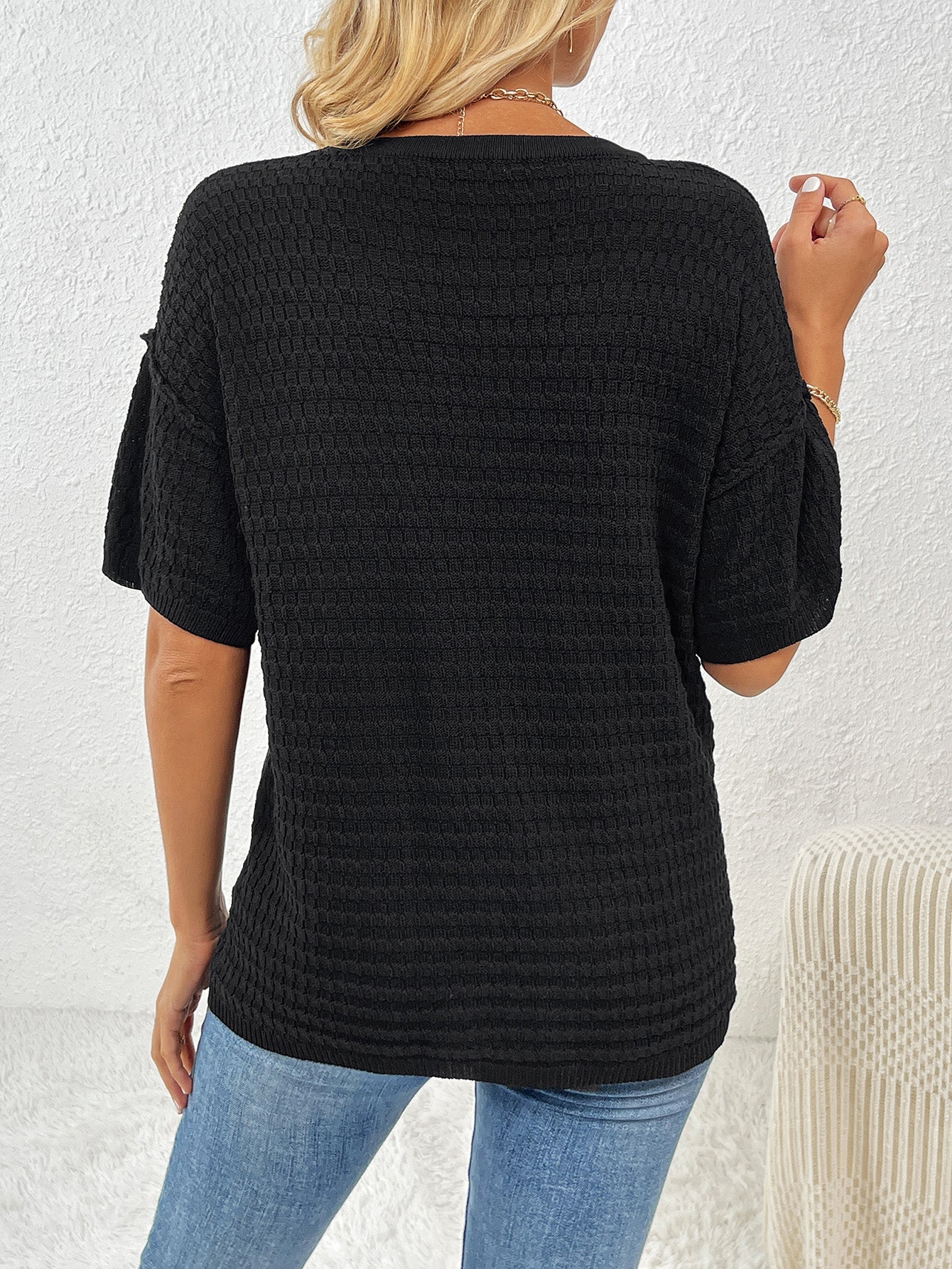 Knit Short Sleeve Round Neck Pocket Tee Tops Pullover