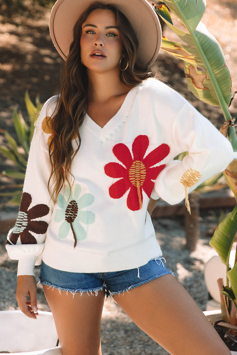 Big Flower Pattern V Neck Drop Shoulder Sweater