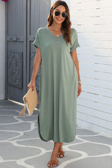 V Neck Hidden Pocket Splits Maxi T-shirt Dress