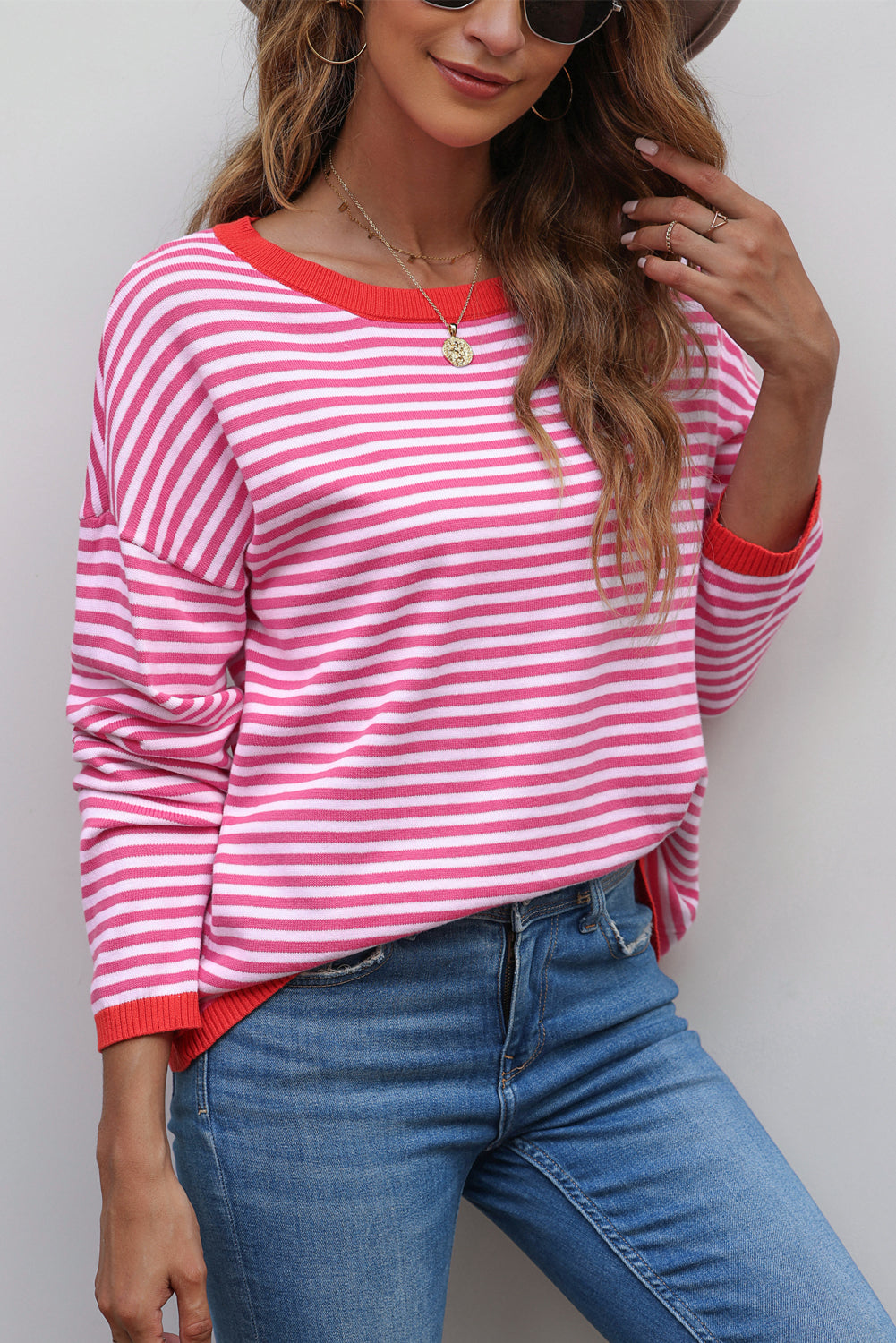 Contrast Trimmed Striped Drop Shoulder Sweater