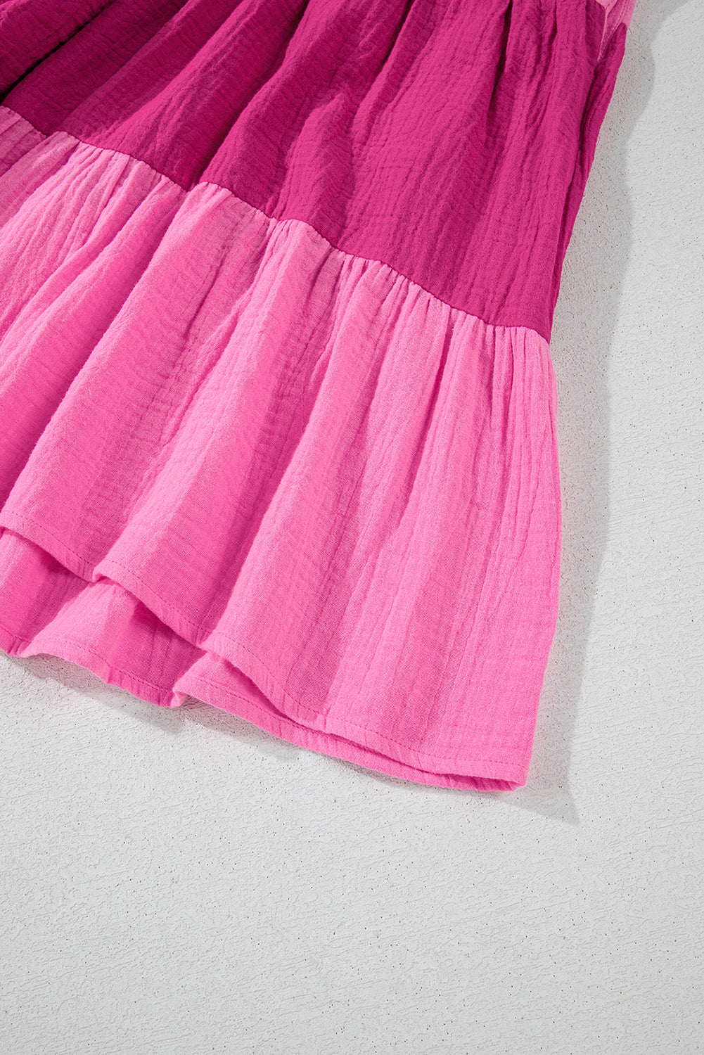 Pink Crinkled Colorblock Patchwork Flutter Tiered Mini Dress