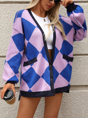 V-neck Rhombus Splicing Contrasting Color Loose Knitted Cardigan Jacket