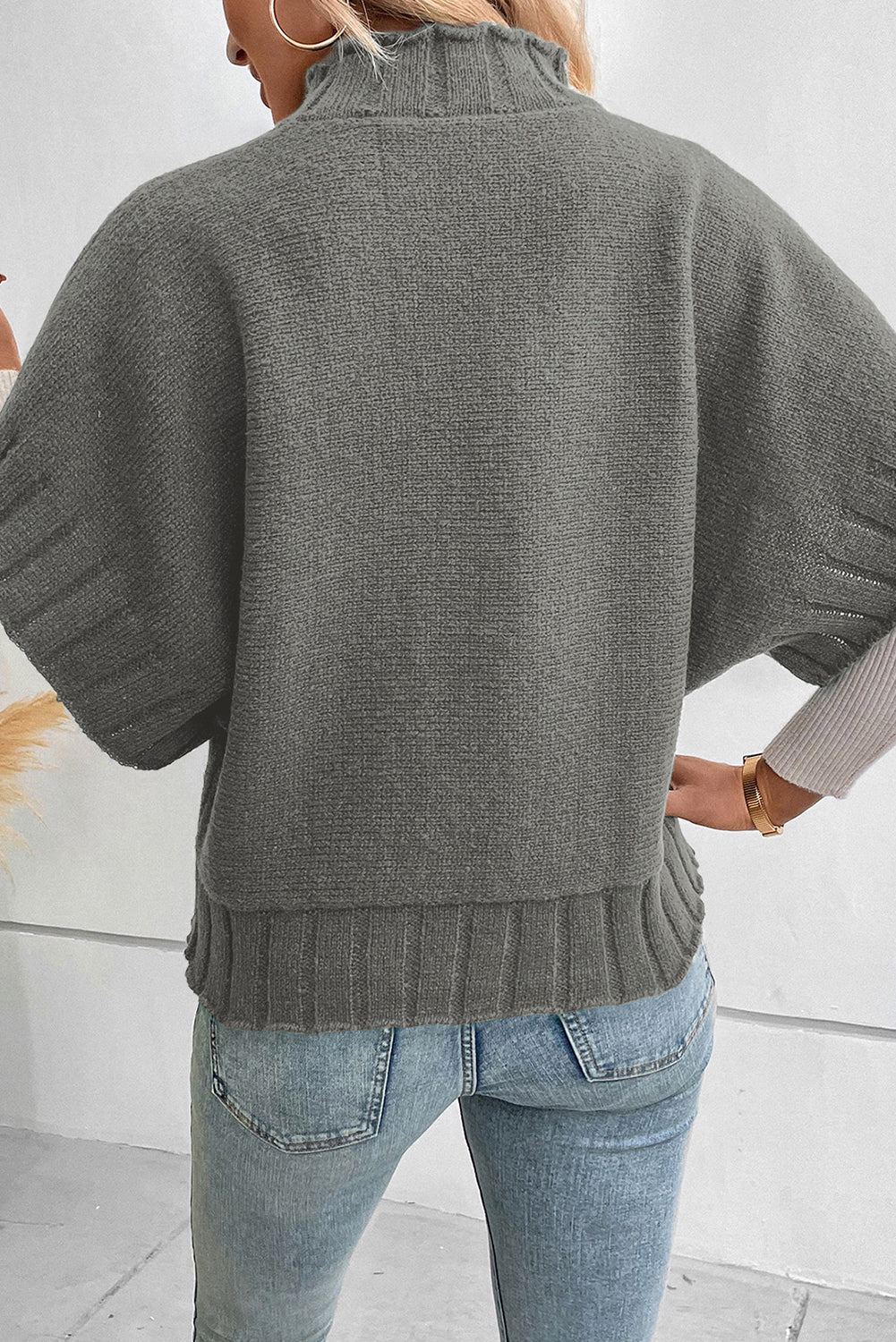 Mock Neck Batwing Short Sleeve Knit Sweater