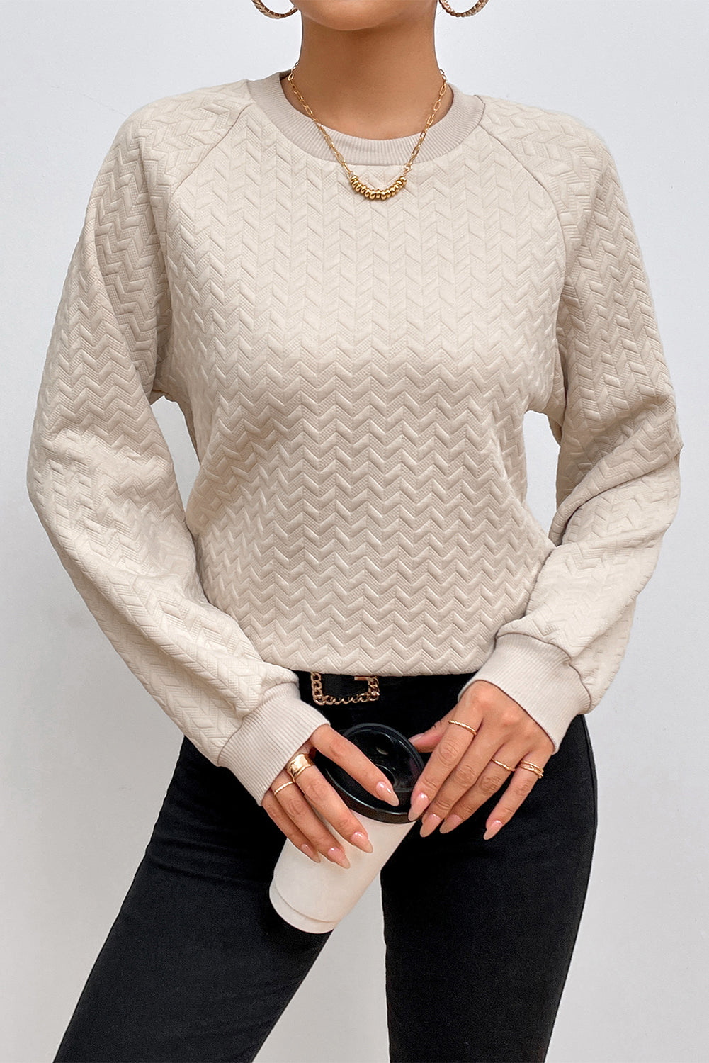 Beige Solid Textured Raglan Sleeve Pullover Sweatshirt