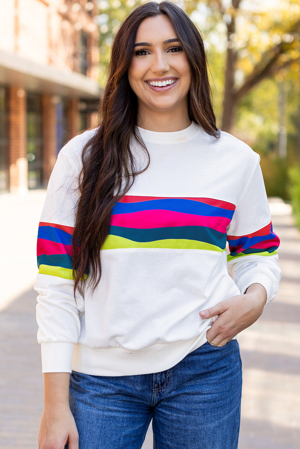 Colorful Striped Accent Long Sleeve T Shirt