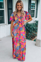 Women's Wrap V Neck Floral Maxi Dress