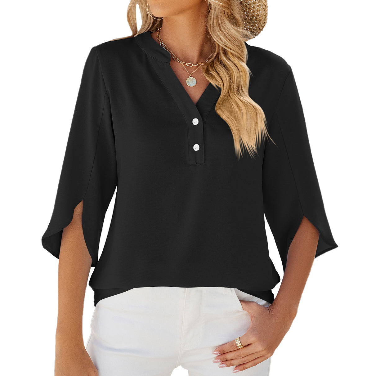 V-neck Medium sleeve chiffled chiffon top