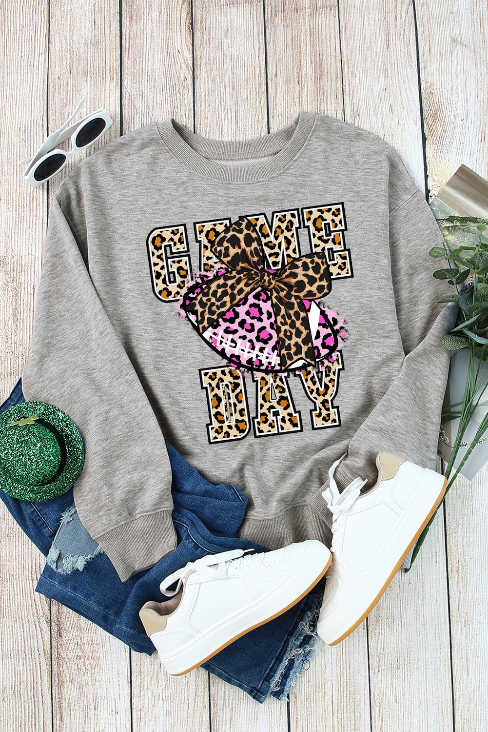 Dame Day Plain Round Neck Bow Rugby Pattern Pullover Sweatshirt