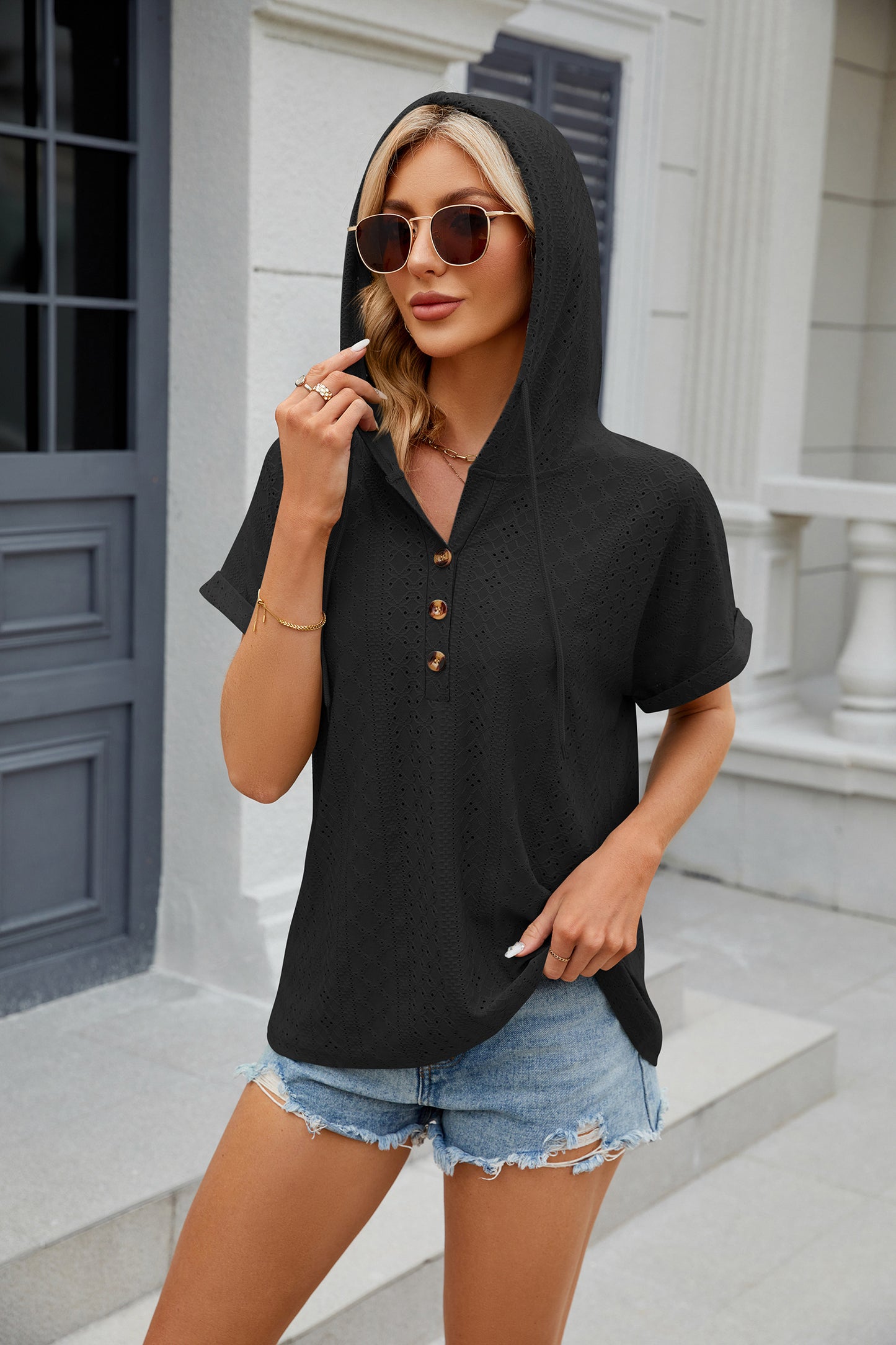 Button Hooded Loose Short Sleeve Long Undershirt