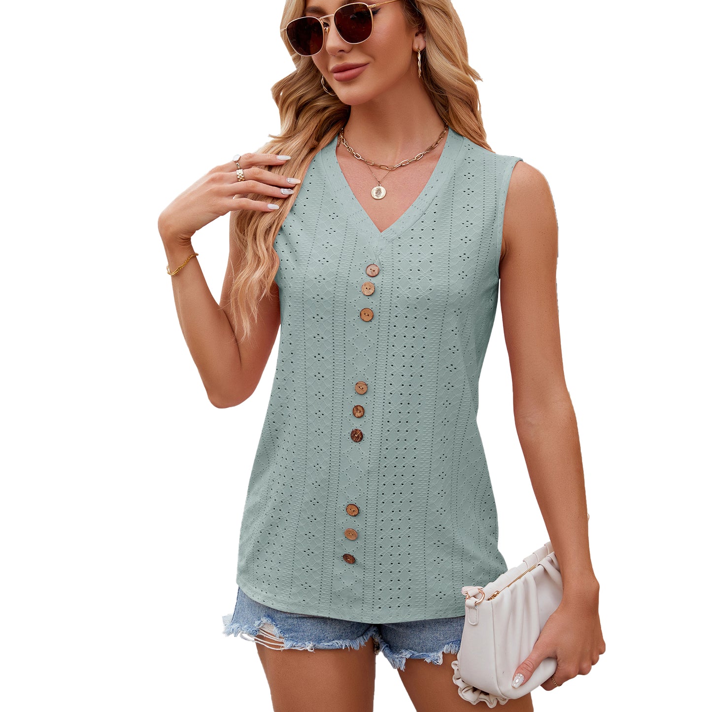 V-neck Button Loose Vest Sleeved Top