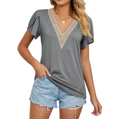 Gold lace V-Neck Tile Short Sleeve Solid Color T-Shirt top