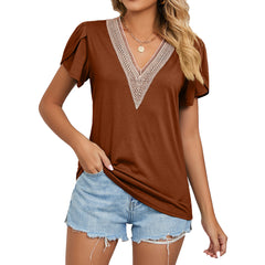 Gold lace V-Neck Tile Short Sleeve Solid Color T-Shirt top