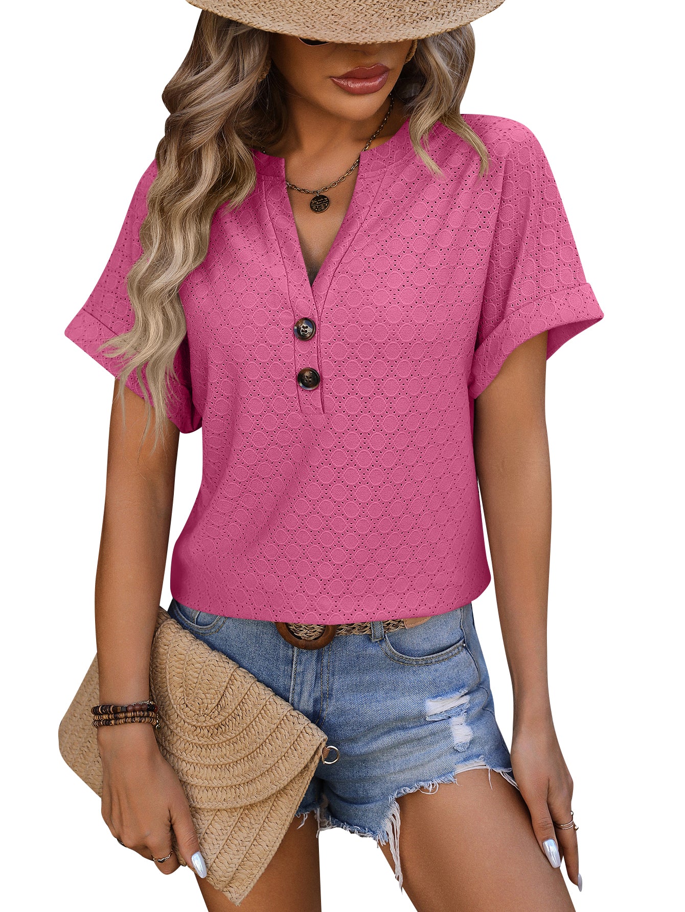 V-neck  Round Dot Loose Short-sleeved T-shirt