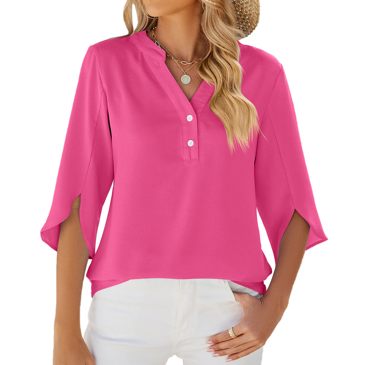 V-neck Medium sleeve chiffled chiffon top