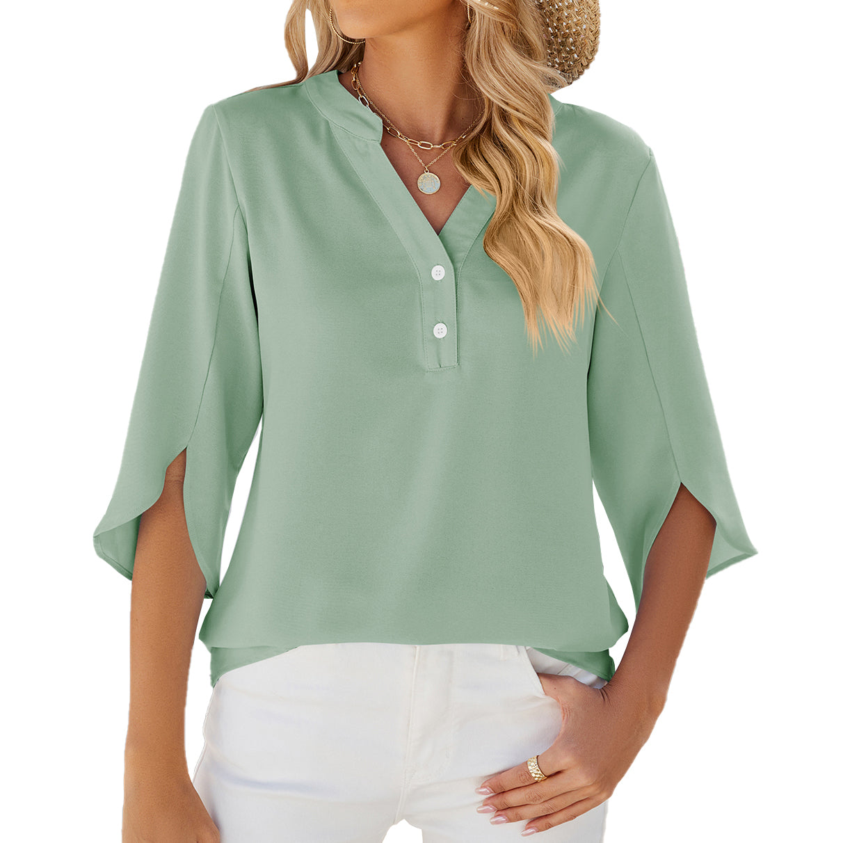 V-neck Medium sleeve chiffled chiffon top