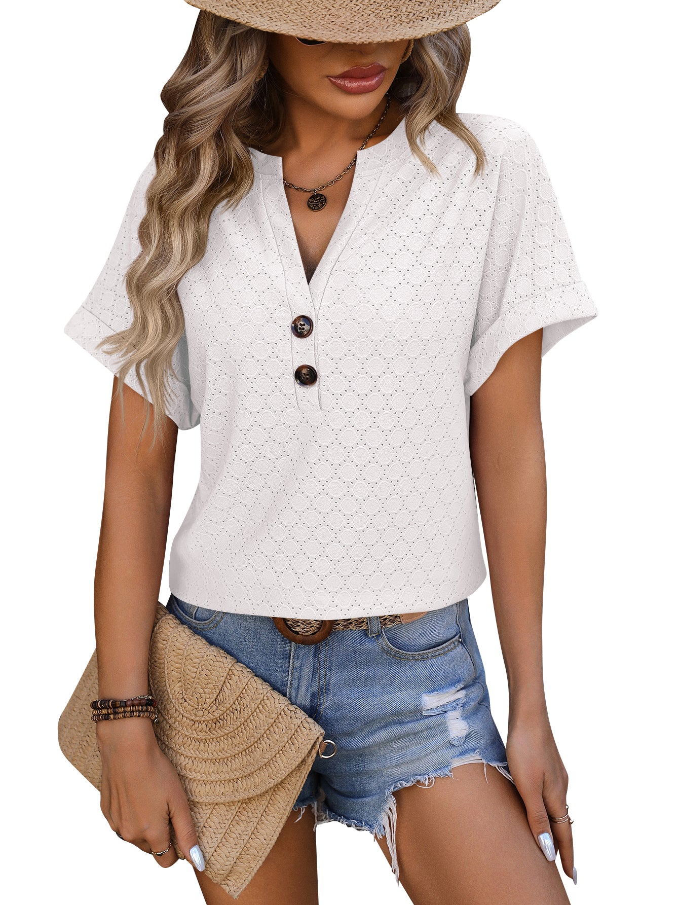 V-neck  Round Dot Loose Short-sleeved T-shirt