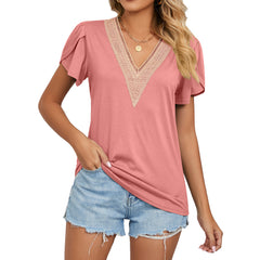 Gold lace V-Neck Tile Short Sleeve Solid Color T-Shirt top