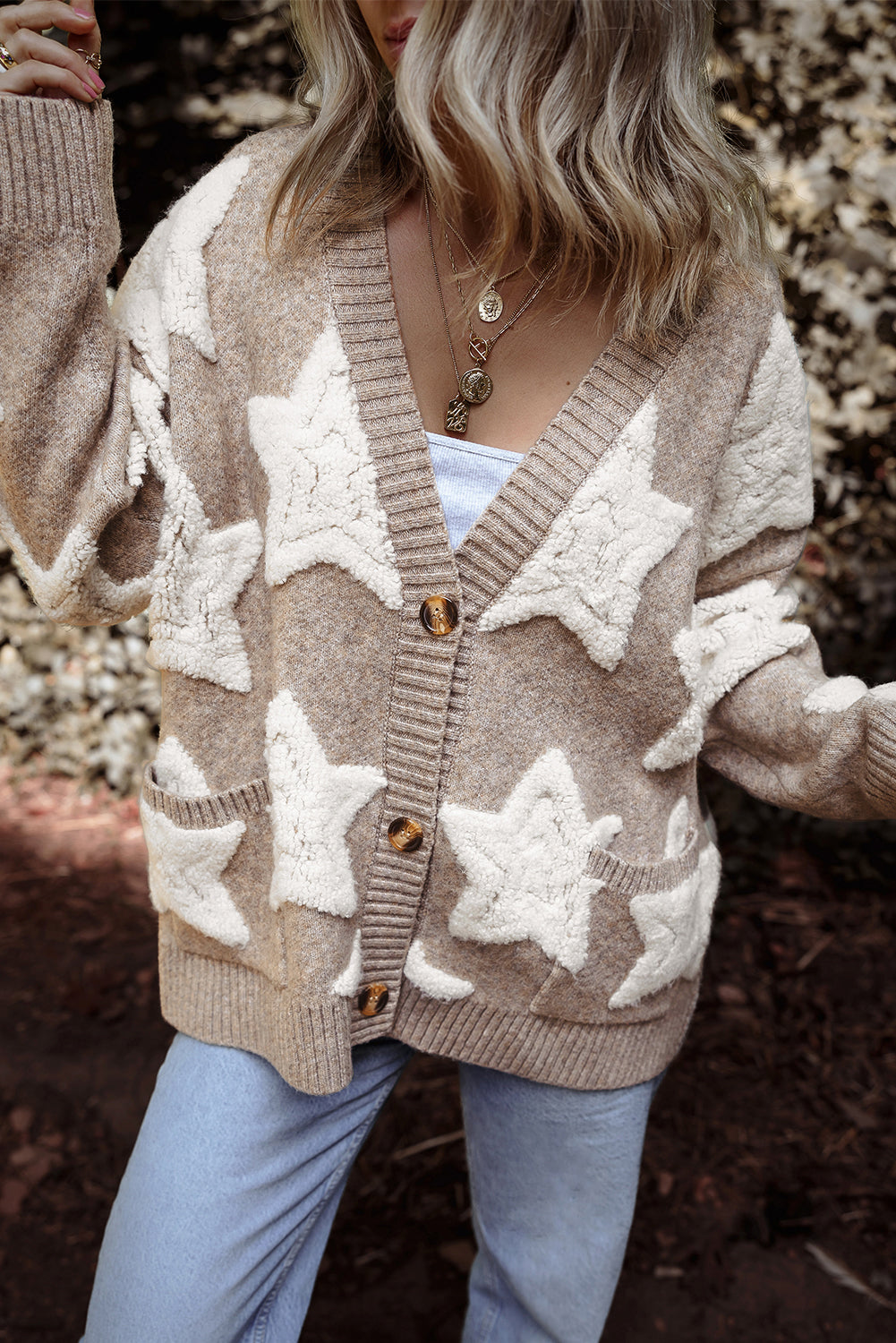 Star Pattern Textured Sweater Cardigan with Pockets