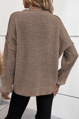 Khaki Pointelle Knit Button V Neck Drop Shoulder Sweater